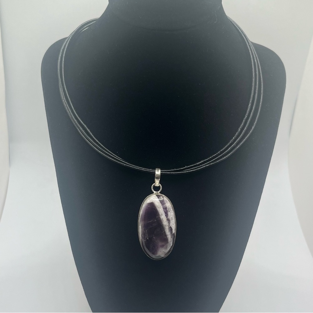 Sterling Silver Chevron Amethyst Pendant Necklace 925 Purple Banded Quartz